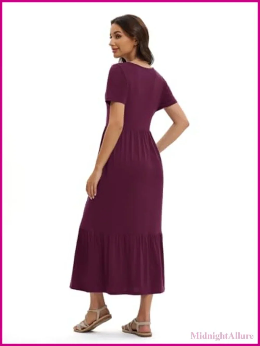 Women's Summer Maxi Dress Short Sleeve Crewneck Flowy Swing Tiered Long Beach